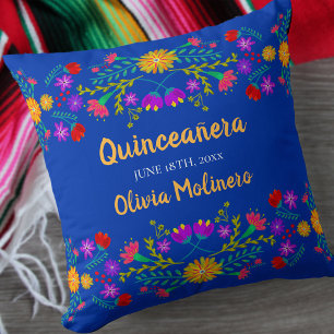 Cojín Decorativo Flores de Fiesta Mexicana Quinceanera Azul