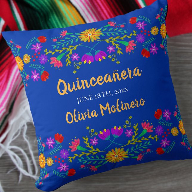 Cojín Decorativo Flores de Fiesta Mexicana Quinceanera Azul (Subido por el creador)