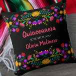 Cojín Decorativo Flores de Fiesta Mexicana Quinceanera Black<br><div class="desc">La almohada de Quinceañera con flores de fiesta mexicana - o siéntete libre de personalizar como un hermoso regalo de sake para celebrar cualquier ocasión. Esta colorida y vibrante almohada de Quinceanera tiene flores de arte folclórico mexicano en azul y verde rosa color amarillo pálido. La plantilla está preparada para...</div>