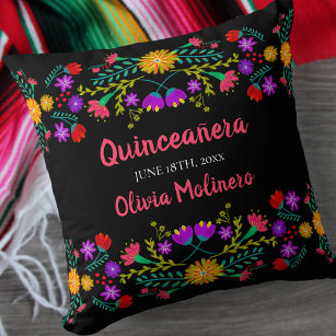 Cojín Decorativo Flores de Fiesta Mexicana Quinceanera Black