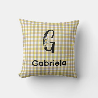 Cojín Decorativo Flores de gingham de monograma patrón amarillo gri