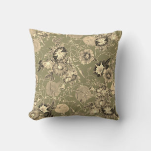 Cojín Decorativo Flores de Gloria de la Mañana Beige sobre Verde Ol