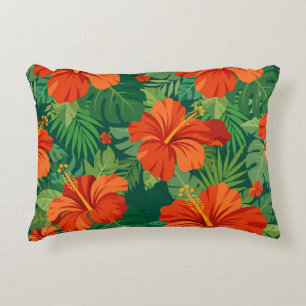 Cojín Decorativo Flores de Hibisco Rojo Naranja Verde Follaje de la