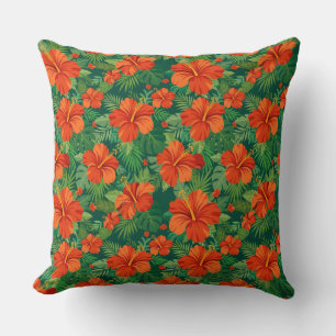 Cojín Decorativo Flores de Hibisco Rojo Naranja Verde Follaje de la