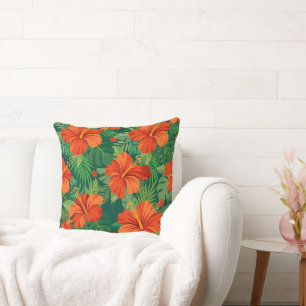 Cojín Decorativo Flores de Hibisco Rojo Naranja Verde Follaje de la