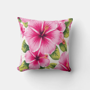 Cojín Decorativo Flores de Hibisco Rosado – Blanco Elegante Tropica