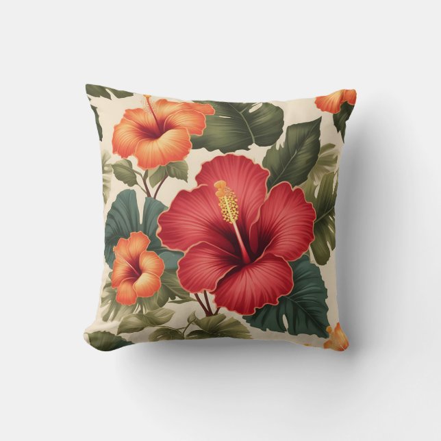 Cojín Decorativo Flores de Hibiscus Tropical Retro (Anverso)