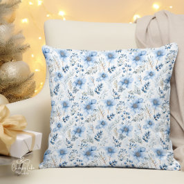 Cojín Decorativo Flores de Invierno en Acuarela Azul