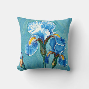 Cojín Decorativo Flores de Iris Azules Patrón Artístico