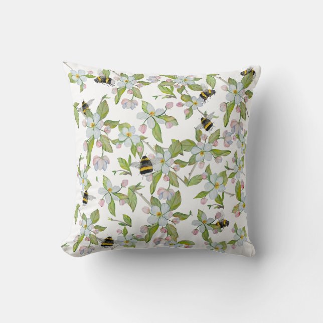Cojín Decorativo Flores de jardín de primavera y abejorros (Anverso)