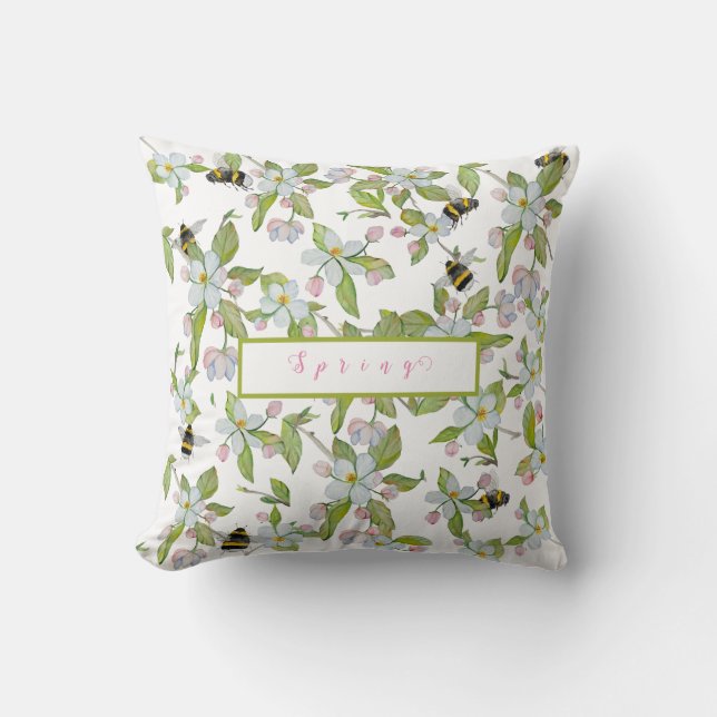 Cojín Decorativo Flores de jardín de primavera y abejorros (Anverso)