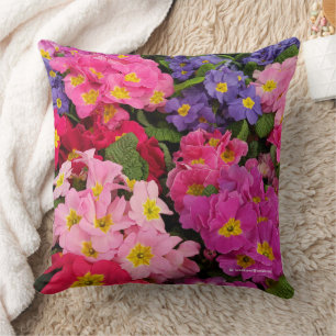 Cojín Decorativo Flores de la Primula azul morado rosado Medley