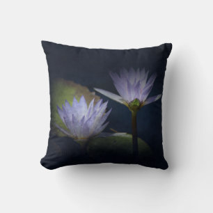 Cojín Decorativo Flores de Loto en Arte Digital Azul Medianoche