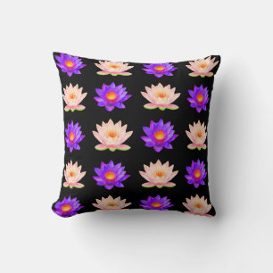 Cojín Decorativo Flores de Loto Violeta y Rosa sobre Negro