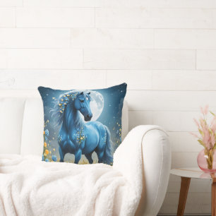 Cojín Decorativo Flores de luna de caballo mágico azul,