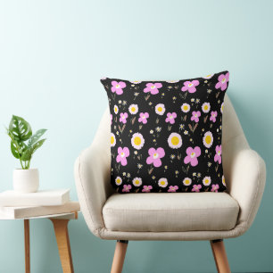 Cojín Decorativo Flores de margarita amarillo rosado negro