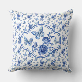 Cojín Decorativo Flores de mariposas blancas azules de Chinoiserie 
