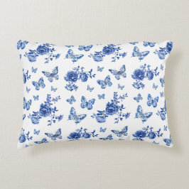 Cojín Decorativo Flores de mariposas blancas azules de Chinoiserie 