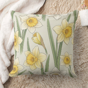 Cojín Decorativo Flores de Narciso Amarillo Vintage sobre Marfil