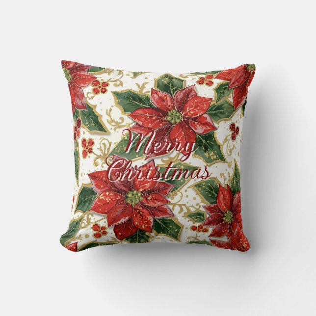Cojín Decorativo Flores de navidad de amarre de Poinsettia Roja (Anverso)