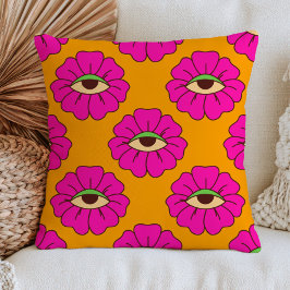 Cojín Decorativo Flores de ojo maligno rosa fucsia sobre naranja qu
