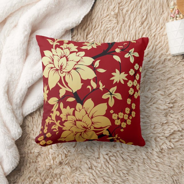 Cojín Decorativo Flores de oro orientales sobre rojo (Manta)