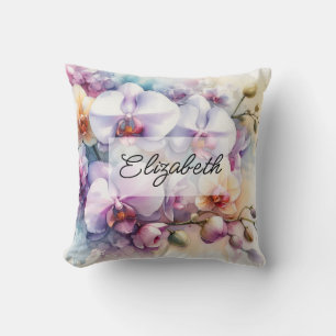 Cojín Decorativo Flores de orquídea tropical acuarela floral y nomb