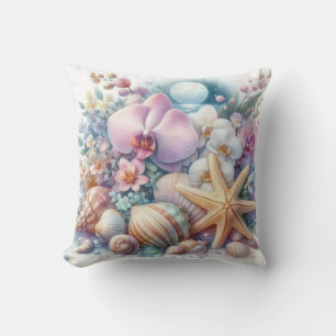 Cojín Decorativo Flores de orquídea y estrellas de mar conchas de a