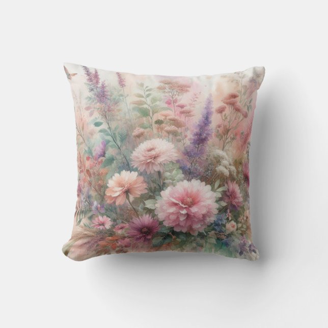 Cojín Decorativo Flores de otoño en tonos pastel pintura acuarela (Anverso)