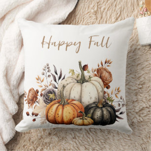 Cojín Decorativo Flores de Otoño Feliz y Calabazas Acuarela Otoño