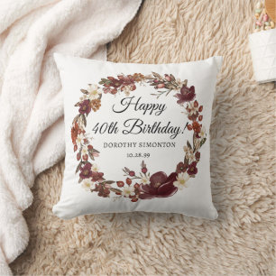 Cojín Decorativo Flores de Otoño Rojo Burdeos Malva Cumpleaños 40