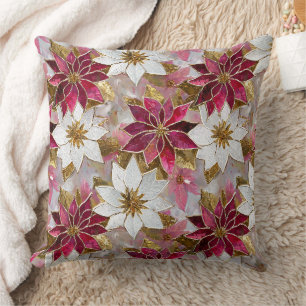 Cojín Decorativo Flores de Pascua Burgundy Rosa Oro Blanco Navidad
