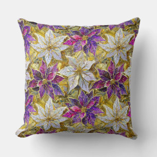 Cojín Decorativo Flores de Pascua de Navidad Rosa Purpura Oro Blanc