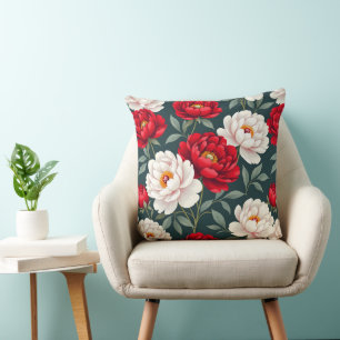 Cojín Decorativo Flores de peonía rojas y blancas