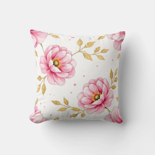 Cojín Decorativo Flores de Peonía Rosa con Patrón de Hojas Doradas