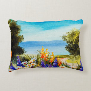 Cojín Decorativo flores de pintura al óleo cerca del mar, campo de