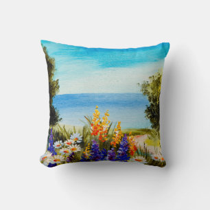 Cojín Decorativo flores de pintura al óleo cerca del mar, campo de 