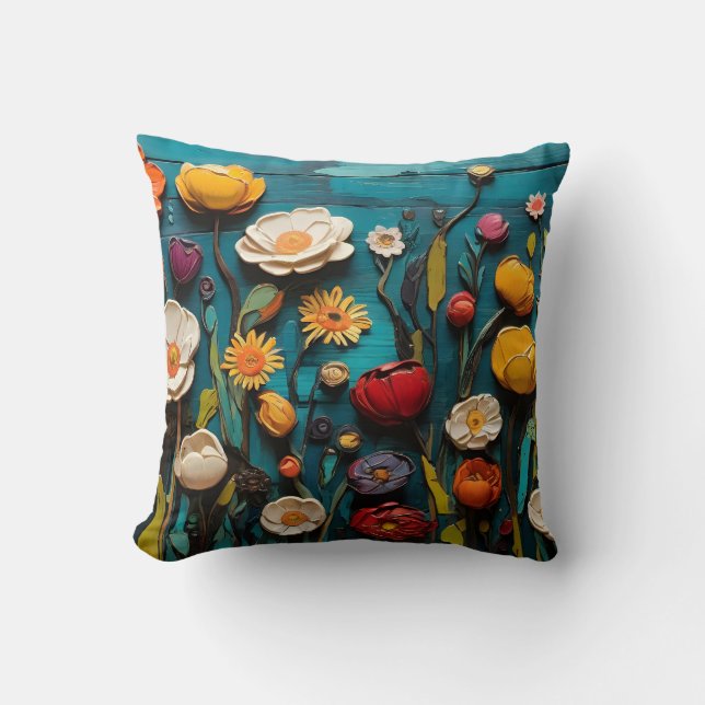Cojín Decorativo Flores De Primavera Vibrantes Sobre Pintura Verde  (Anverso)