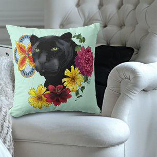 Cojín Decorativo Flores de retrato jaguar negro