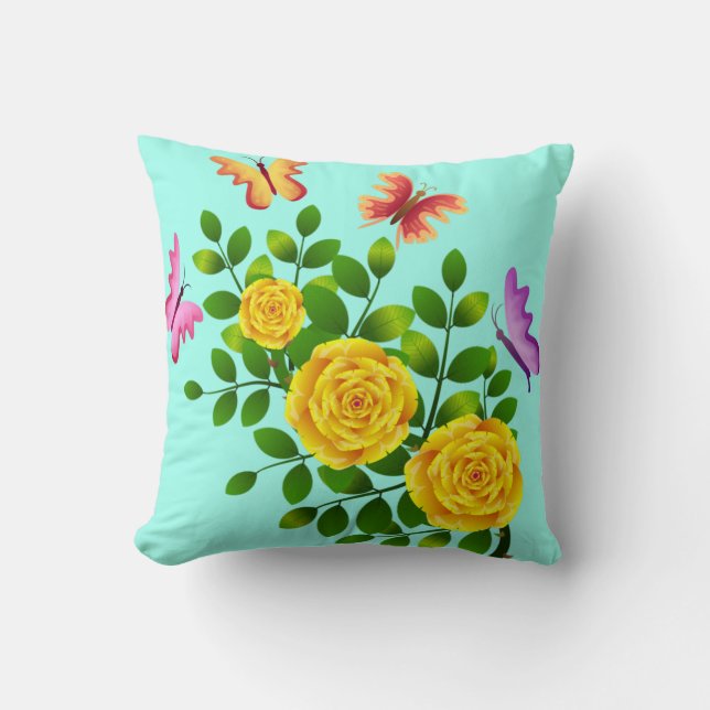 Cojín Decorativo Flores De Rosa Amarilla Y Mariposas-64567 (Anverso)