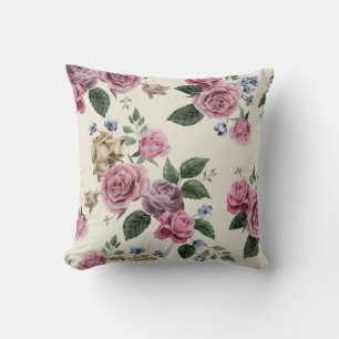 Cojín Decorativo Flores de Rosa Vintage Floral Beige Rosa y Lavanda