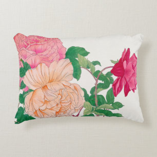 Cojín Decorativo Flores de Rosas Rosadas y Naranja Pálido