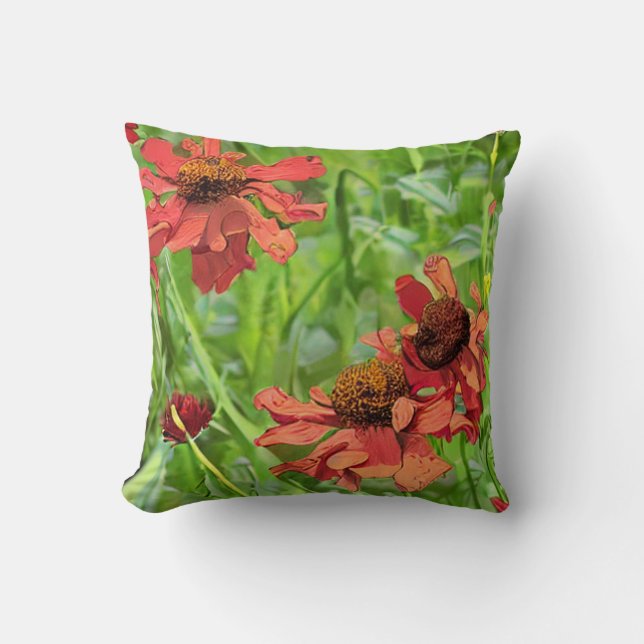 COJÍN DECORATIVO FLORES DE RUDBECKIA ROJOS (Anverso)