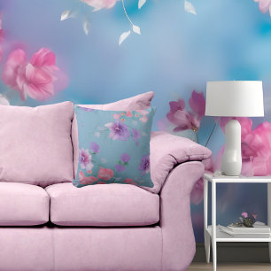 Cojín Decorativo flores de seda azules suaves rosadas tela de hojas