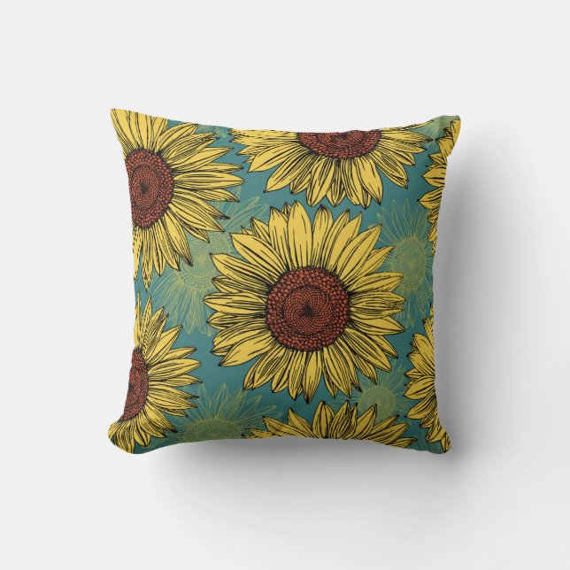 Cojín Decorativo Flores de sol de mano azul (Anverso)