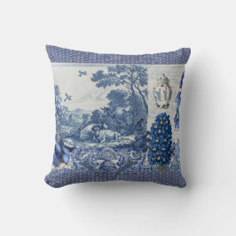 Cojín Decorativo Flores de tela blanca azul en collage de pájaro fr