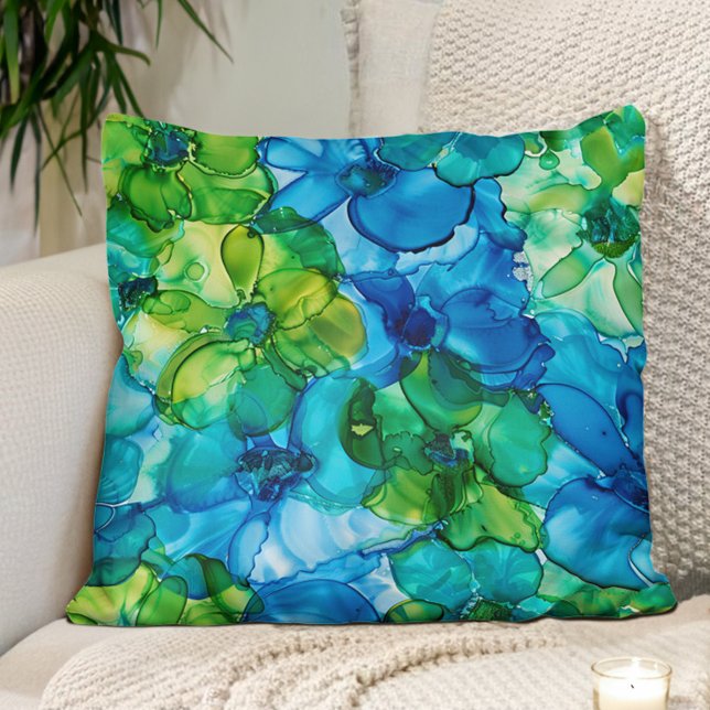 Cojín Decorativo Flores de Tinta de Alcohol Verde Azul (Blue and green alcohol ink floral pillow)