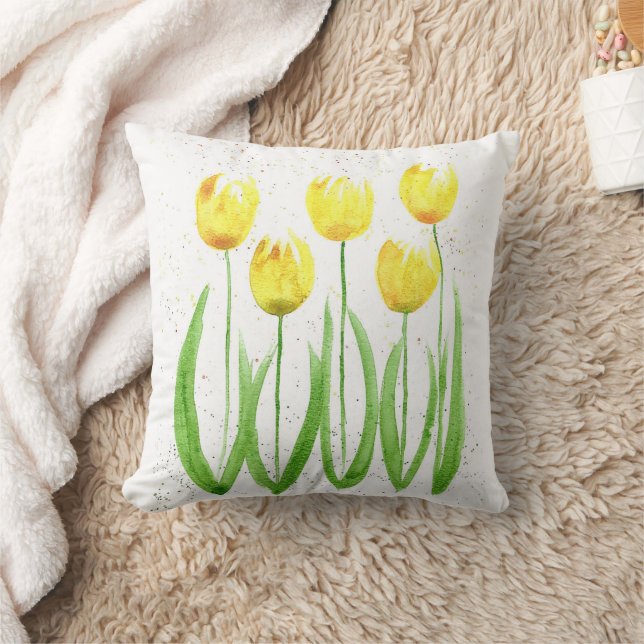Cojín Decorativo Flores de tulipanes acuarela amarillo elegante cir (Manta)