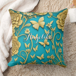 Cojín Decorativo Flores de Turquesa y Dorado con Nombre Personaliza