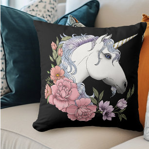 Cojín Decorativo Flores de Unicornio Blanco Encantado Rosa Negro